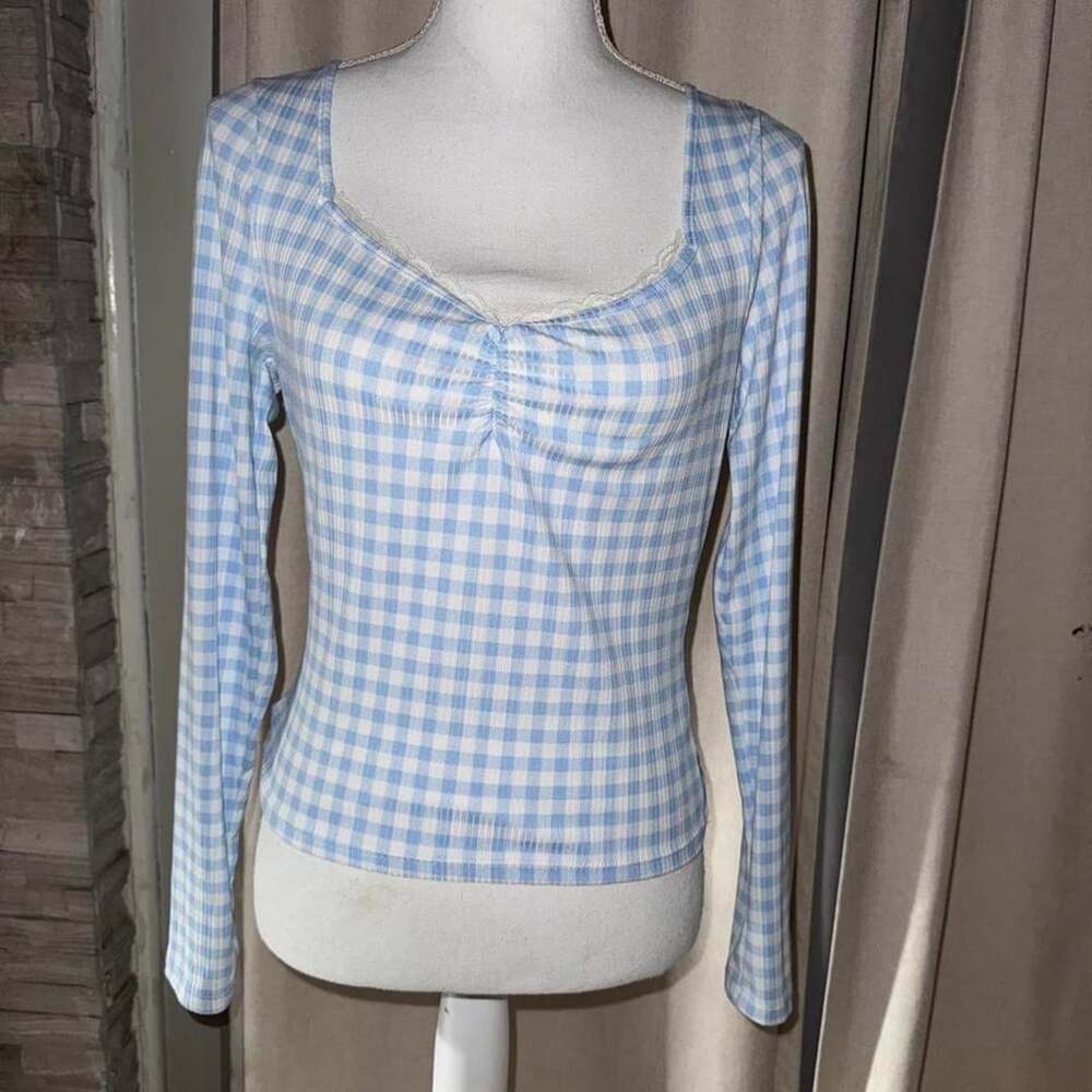 VIBE Sportswear Gingham Long Sleeve Top Size L Blue White Ruched Lace